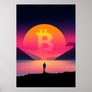 Bitcoin Symbol retro sunset 80s Poster