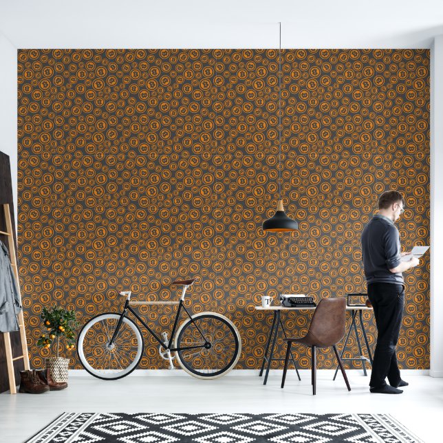 Bitcoin Symbols Orange and Grey Patterned Wallpaper (Living Room)