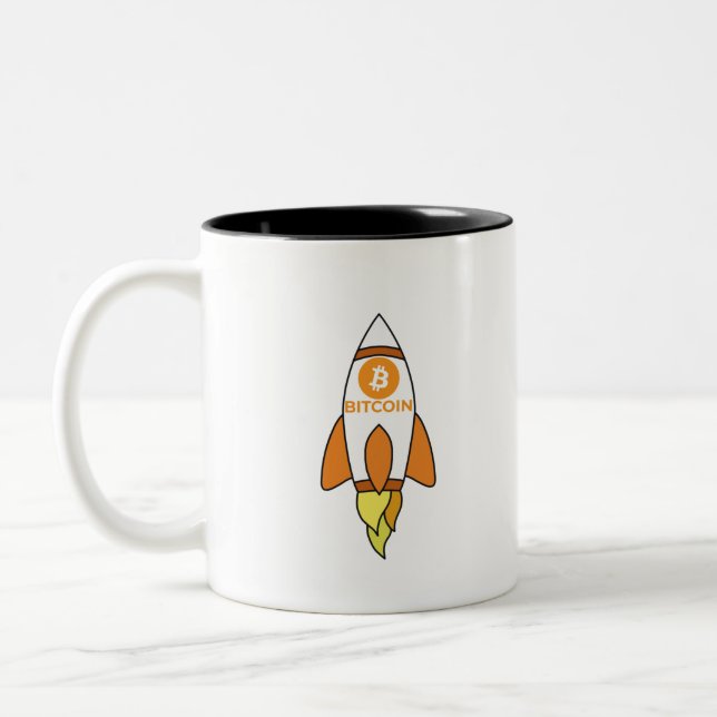 Bitcoin To The Moon Rocket Two-Tone Coffee Mug (Left)