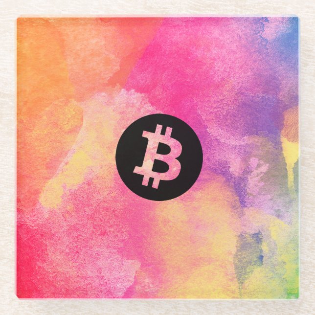 Bitcoin Watercolor Glass Coaster (Front)