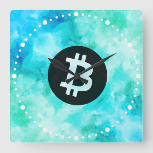 Bitcoin Watercolor (Style 3 - Beach Life) Square Wall Clock