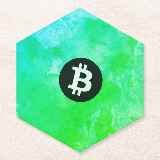 Bitcoin Watercolor (Style $ - Green Day) Paper Coaster (Front)