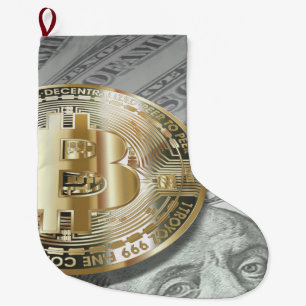 Bitcoin with dollar bills large christmas stocking