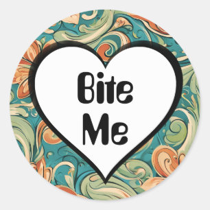 Bite Me Funny Heart Swirly Retro Design Classic Round Sticker
