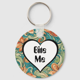 Bite Me Funny Heart Swirly Retro Design Key Ring
