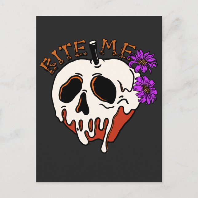 Bite Me - Halloween Skull Poison Apple & Flowers Postcard (Front)