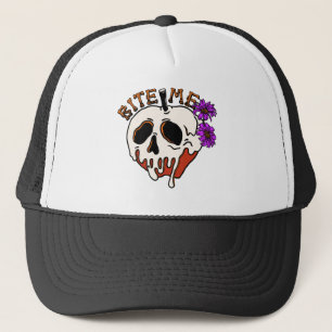 Bite Me - Halloween Skull Poison Apple & Flowers Trucker Hat