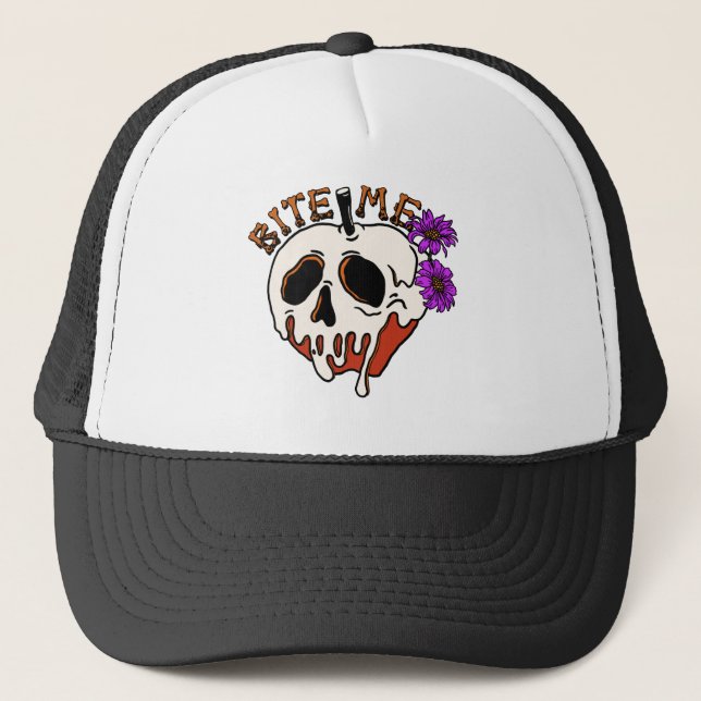 Bite Me - Halloween Skull Poison Apple & Flowers Trucker Hat (Front)