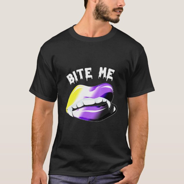 Bite Me Halloween Vampire Nonbinary Lips Lgbt Prid T-Shirt (Front)