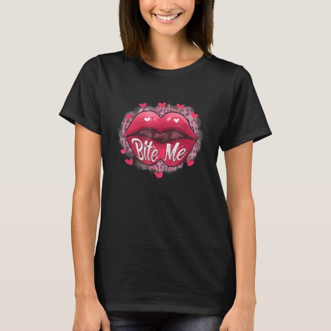 Bite Me Leopard Hearts Lips Valentines Day Women G T-Shirt (Front)