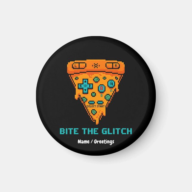  Bite the Glitch Retro 8-Bit Pixel Pizza Gamer  Magnet (Front)