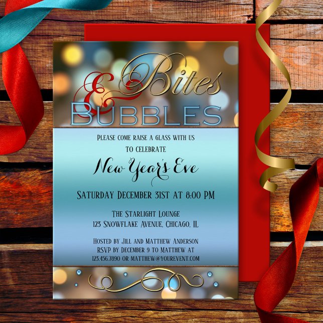 Bites Bubbles Sparkly New Year Party Invitation ( New Year's Eve party invitation showing a sparkly festive design with a blue shiny text background)
