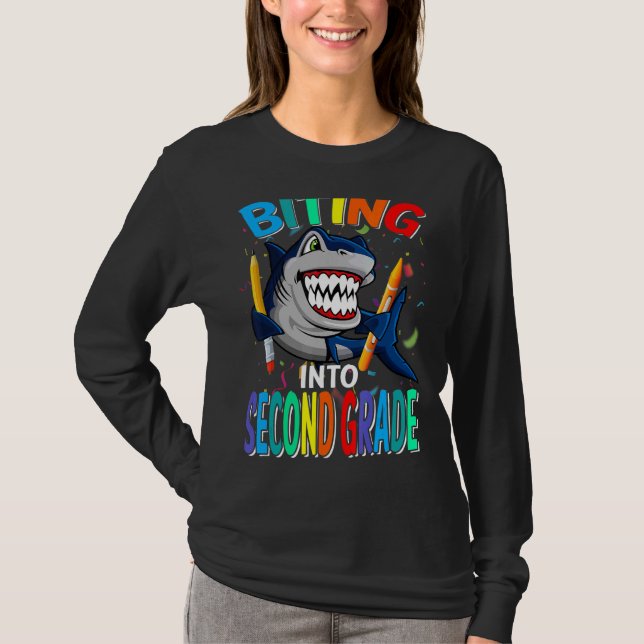 Biting Into Second Grade Back To School Shark T-Shirt (Front)