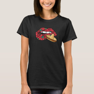 Biting Lips Dia De Los Muertos Mexican Sombrero Da T-Shirt