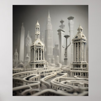Bizarre Abstract Grey Monochromatic Surreal City Poster