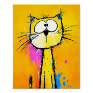 Bizarre, yellow cat with big eyes - comic style poster