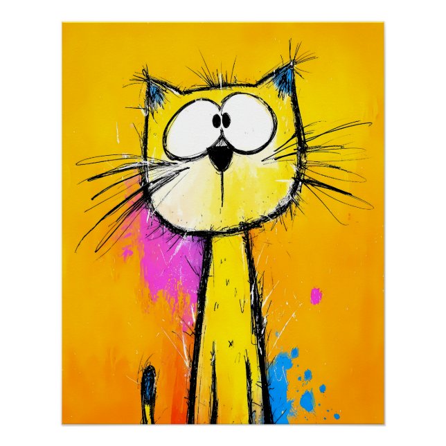Bizarre, yellow cat with big eyes - comic style poster (Front)