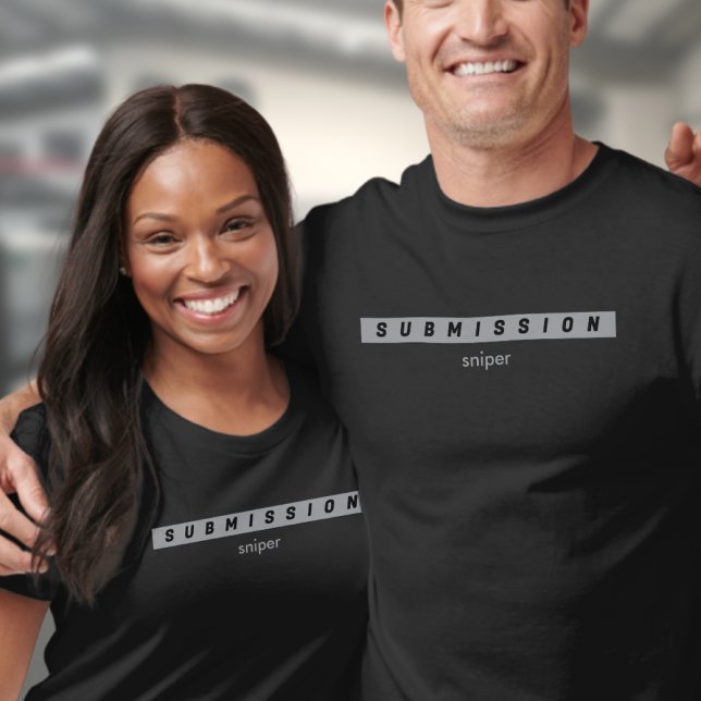 BJJ Arte Suave Submission Sniper Black Jiu Jitsu T-Shirt ("Submission Sniper" black T-shirt worn by a woman and a man. )