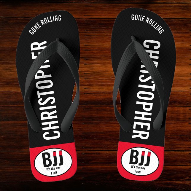 BJJ Black Belt Rolling Add Your Name Jiu Jitsu Thongs (Personalized Jiu Jitsu Flip Flops)