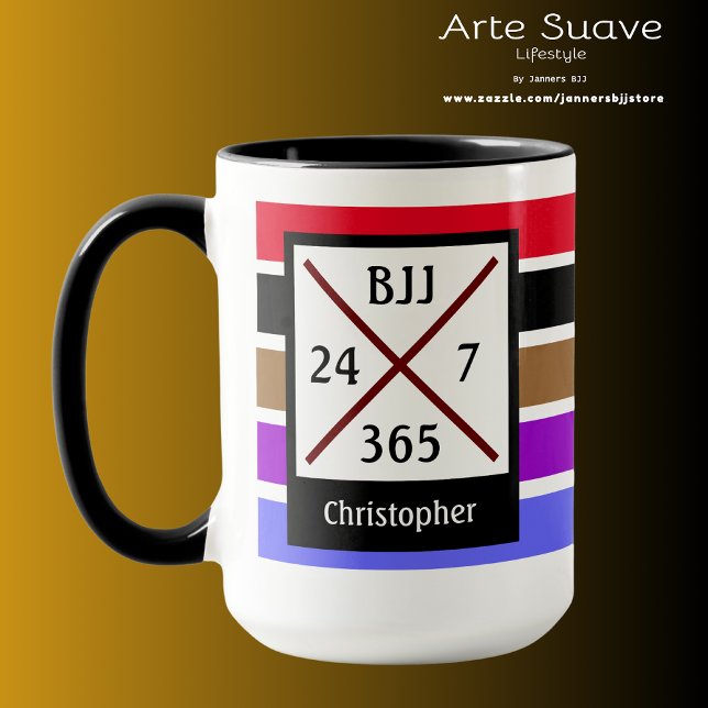 BJJ Brazilian Jiu Jitsu 24 7 365 Belt Stripes Name Mug (Personalized BJJ 24/7/365 large coffee mug.)