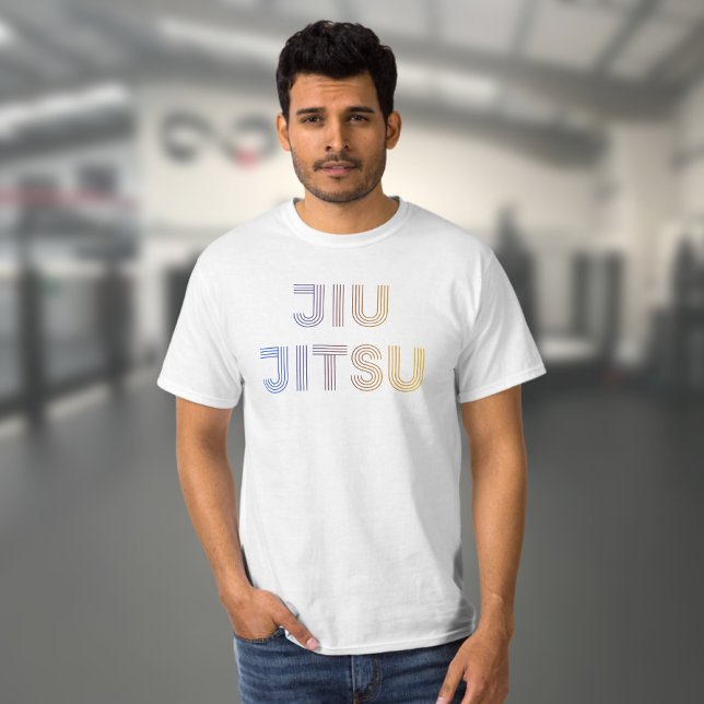 BJJ Funky Brazilian Jiu Jitsu T-Shirt (Funky Jiu Jitsu white T-shirt worn by a male model in a gym)