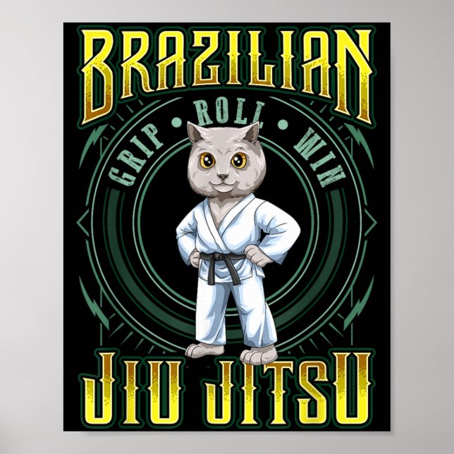 BJJ Grip Roll Win - Grappling Jiu Jitsu Cute Cat Poster (Front)