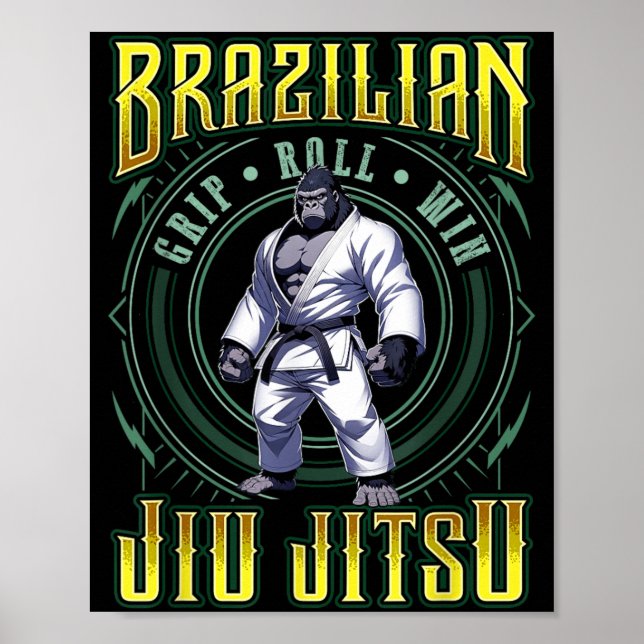 BJJ Grip Roll Win - Grappling Jiu Jitsu Gorilla Poster (Front)
