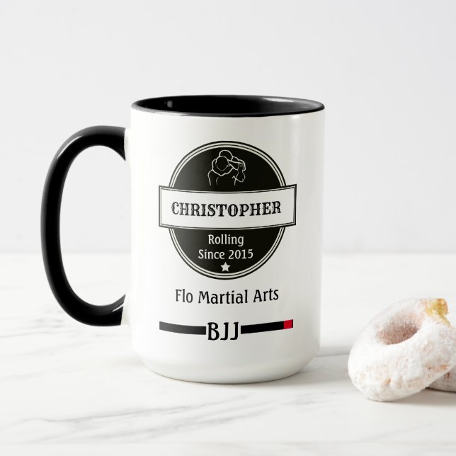 BJJ Jiu Jitsu Choke Black Belt Name Club And Date Mug (With Donut)