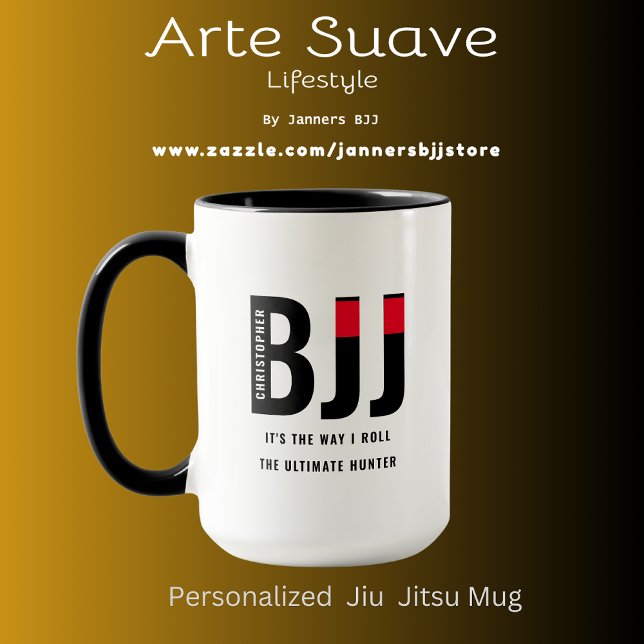 BJJ Way I Roll Add Your Name Jiu Jitsu Black Belt Mug (Large 15oz BJJ personalized coffee mug white with black handle and interior.)