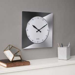 Bla & Silver Modern Metallic Geometric design Larg Square Wall Clock