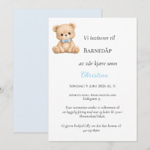 Blå Sløyfe Bamse Dåpsinvitasjon Invitation