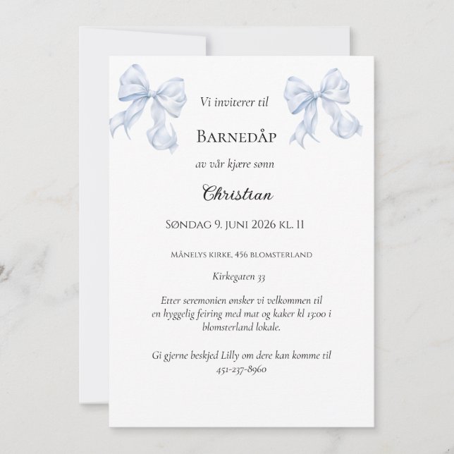 Blå Sløyfe Dåpsinvitasjon Invitation (Front)