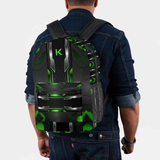 Blac and green gaming background geometric design printed backpack (Insitu (Model))