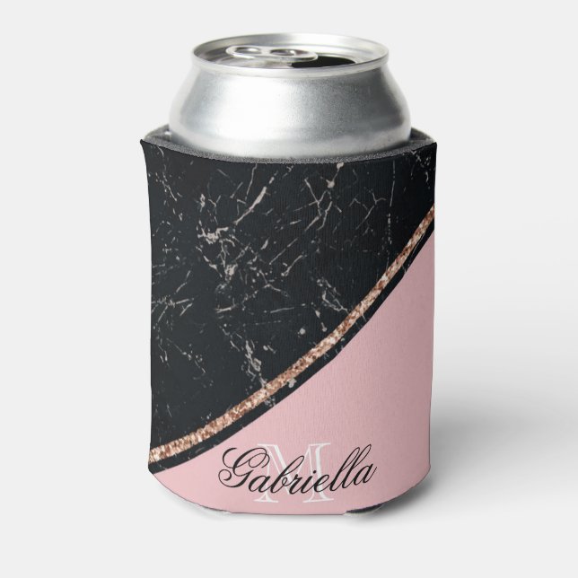 Blac Marble Rose Gold Glitter Can Cooler (Can Back)