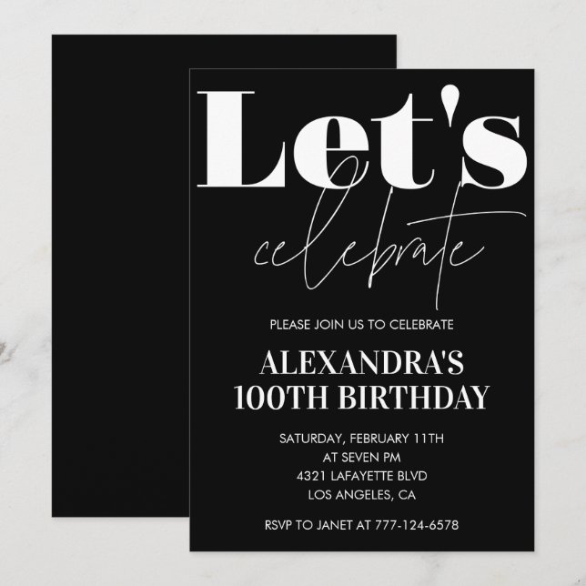 Black 100th birthday invitation Bold Typography  (Front/Back)