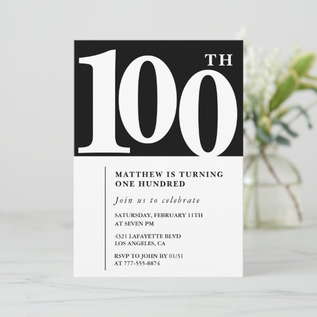 Black 100th birthday invitation Elegant Chic (Standing Front)