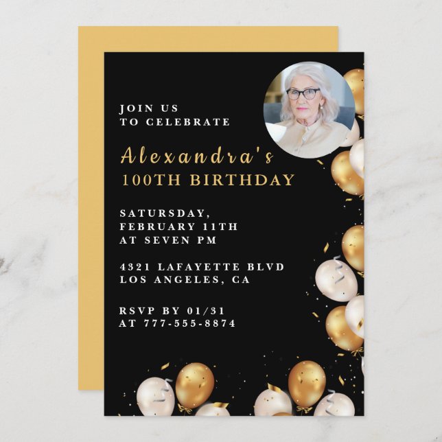 Black 100th birthday invitation Gold Photo  (Front/Back)