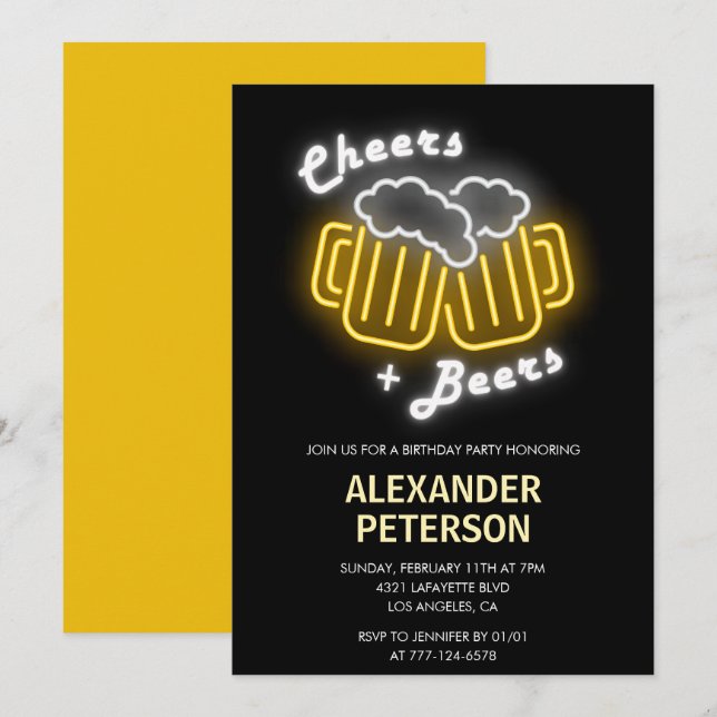 Black 100th birthday invitations Beer Neon (Front/Back)