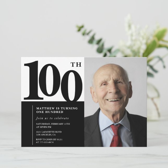 Black 100th birthday invitations Elegant Chic (Standing Front)