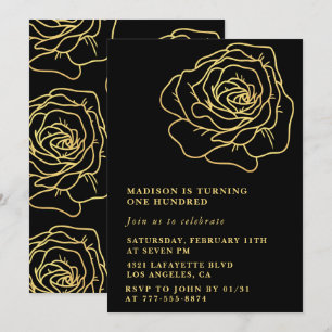 Black 100th birthday invitations Gold Floral