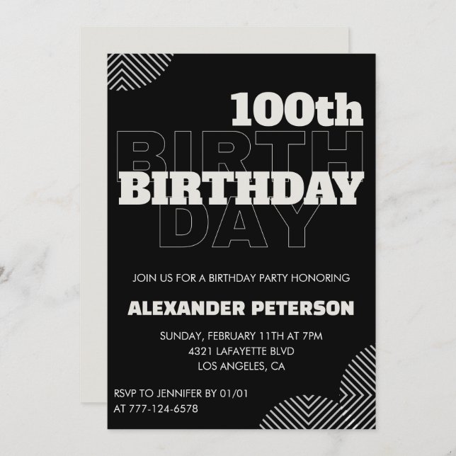 Black 100th birthday invitations Men Party (Front/Back)