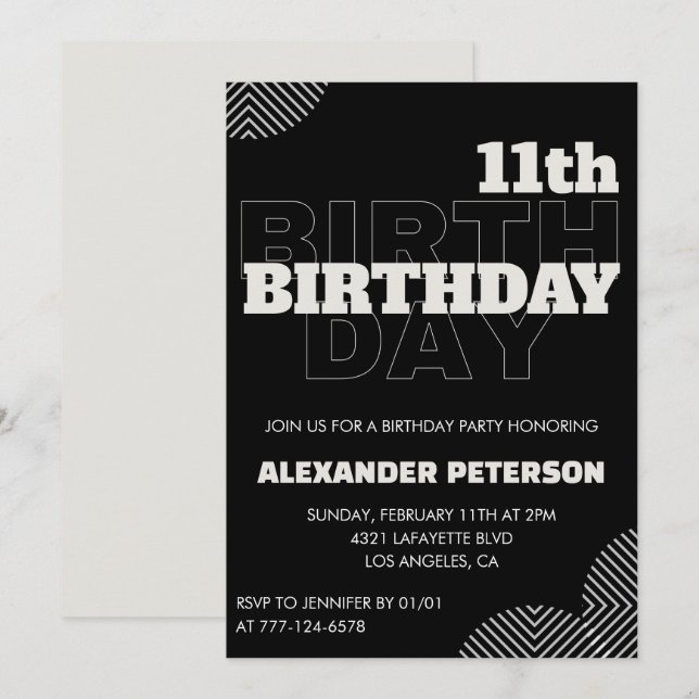 Black 11th birthday invitations Party Boy (Front/Back)