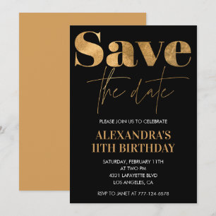 Black 11th birthday invitations Save the date Gold