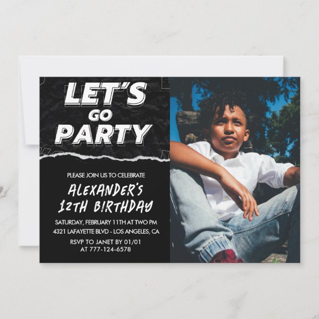 Black 12th birthday invitations Boy Photo  (Front)