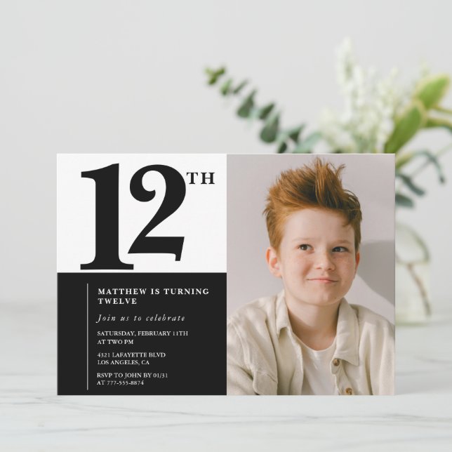 Black 12th birthday invitations Elegant Chic (Standing Front)