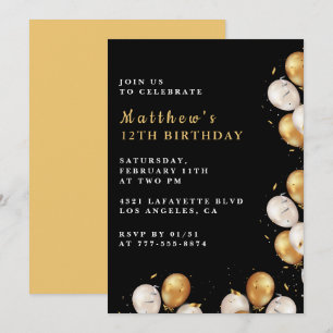 Black 12th birthday invitations Gold Balloon Boy
