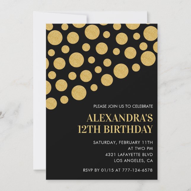 Black 12th birthday invitations Gold Confetti (Front)
