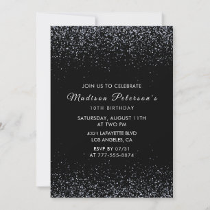 Black 13th birthday invitations Silver Glitter