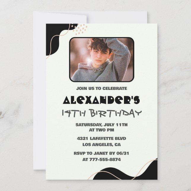 Black 14th birthday invitations Boy Simple Photo (Front)