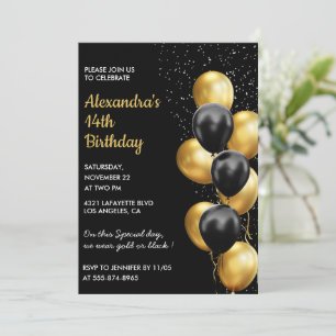 Black 14th birthday invitations Gold Glitter Glam 